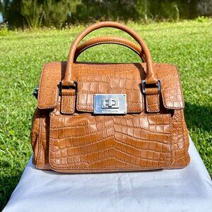 MICHAEL Michael Kors Sloan Croc Embossed Mocha Leather Silver Shoulder Satchel